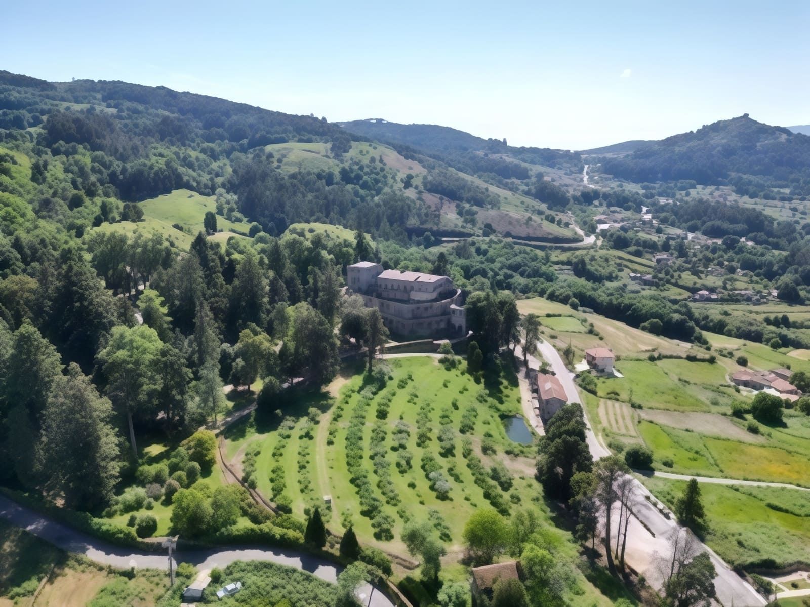 Viñedos panorámicos en la ladera y vegetación en terrazas bajo un cielo azul brillante.
