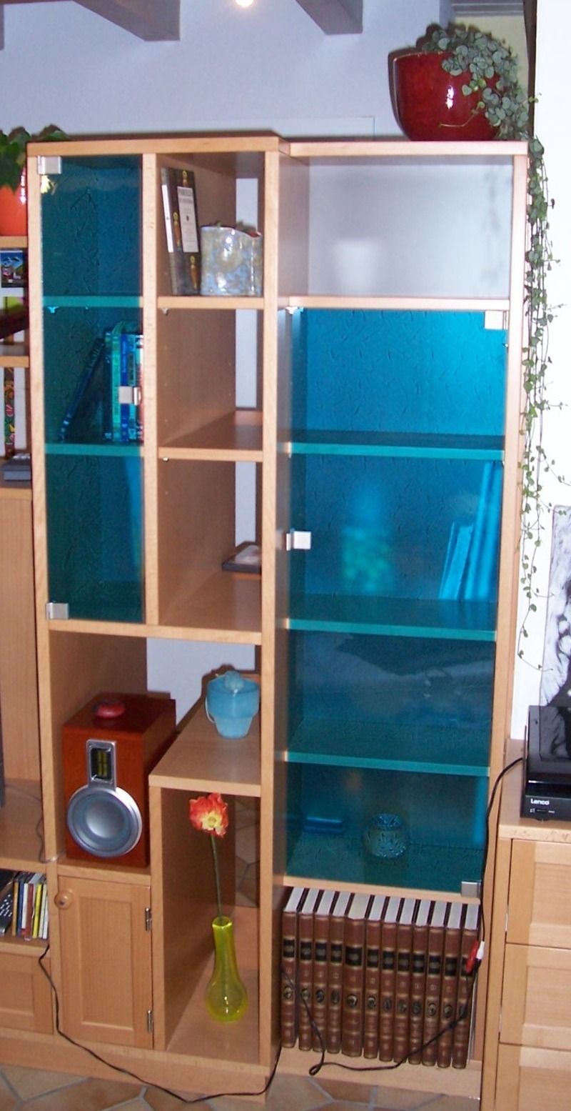 Une bibliothèque avec des étagères en verre bleu et un haut-parleur