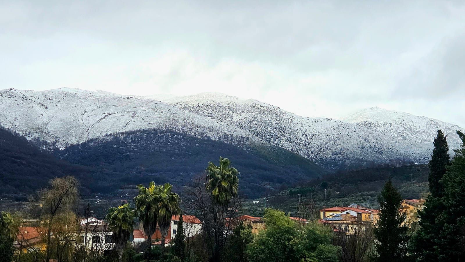 Tras un pueblo con árboles y casas, bajo un cielo nublado y cubierto de nubes, se alzan montañas nevadas.
