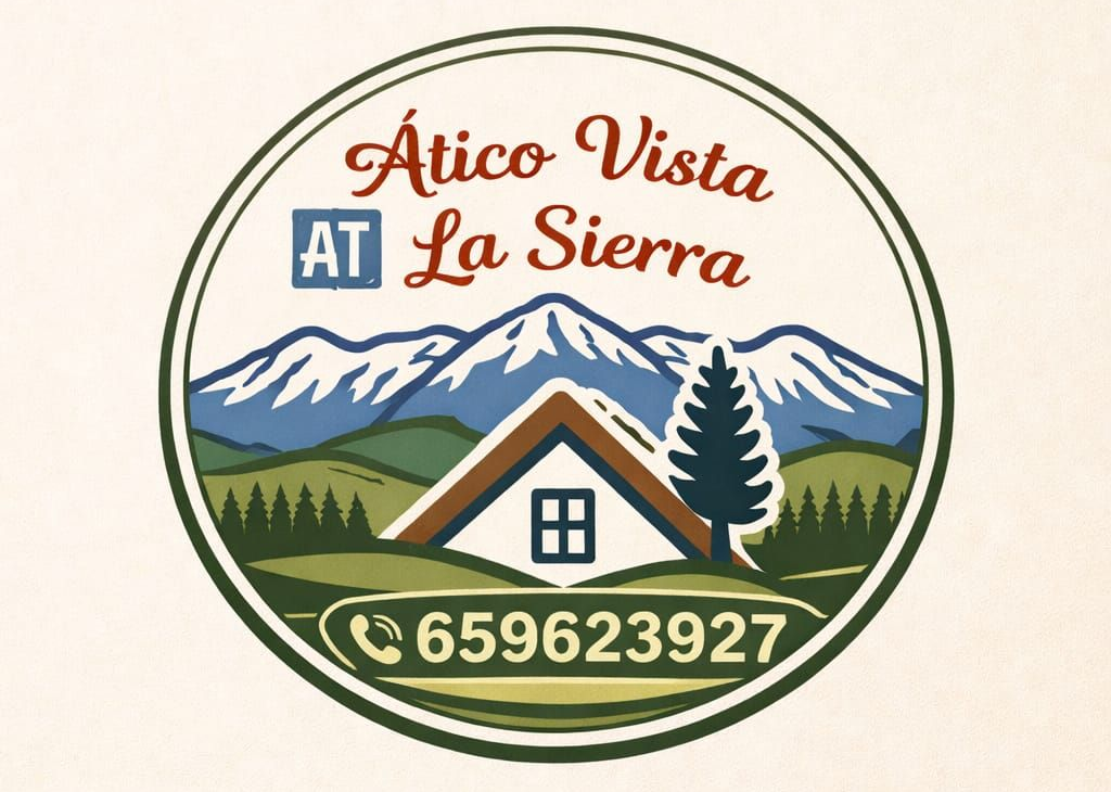 Un logotipo circular para "Ático Vista La Sierra" que muestra una casa, un pino y montañas nevadas con un número de teléfono.