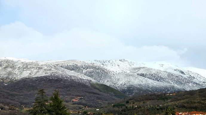 Una cadena montañosa con picos cubiertos de nieve, laderas boscosas oscuras y un cielo nublado y pálido.