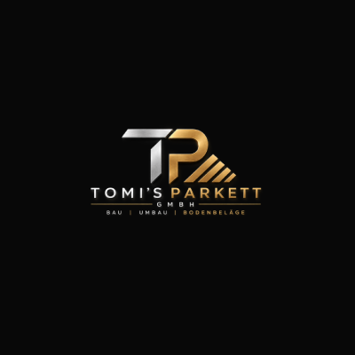 Das Logo von Tomi's Parkett ist in Silber und Gold auf schwarzem Hintergrund gehalten, darunter befindet sich deutscher Text.