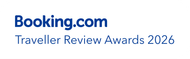 Logo der Booking.com Traveller Review Awards 2025 auf blauem Hintergrund.