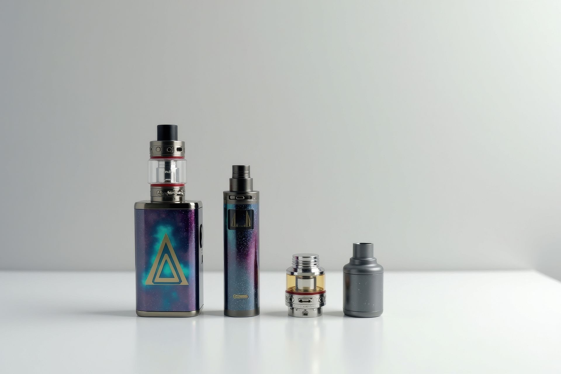 Quatre stylos vape colorés sur une surface blanche sur un fond gris uni.