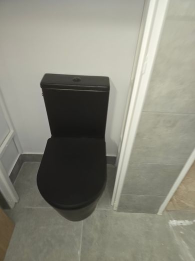 Toilettes noires dans une salle de bains carrelée, abattant fermé