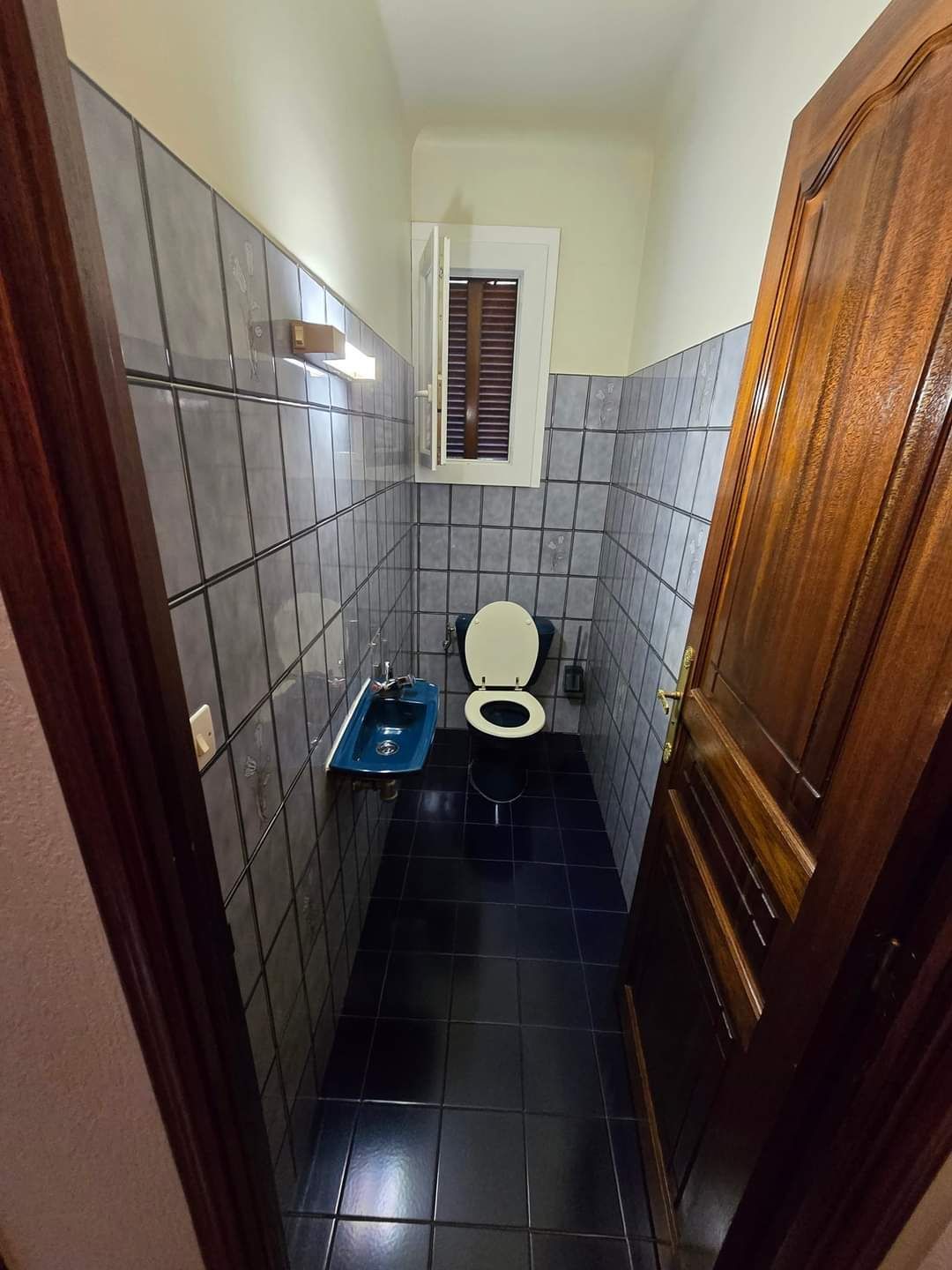 Salle de bains étroite carrelée avec toilettes, lavabo bleu et porte en bois entrouverte.