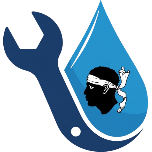 Logo bleu en forme de clé avec une goutte d'eau contenant un profil noir et une figure blanche