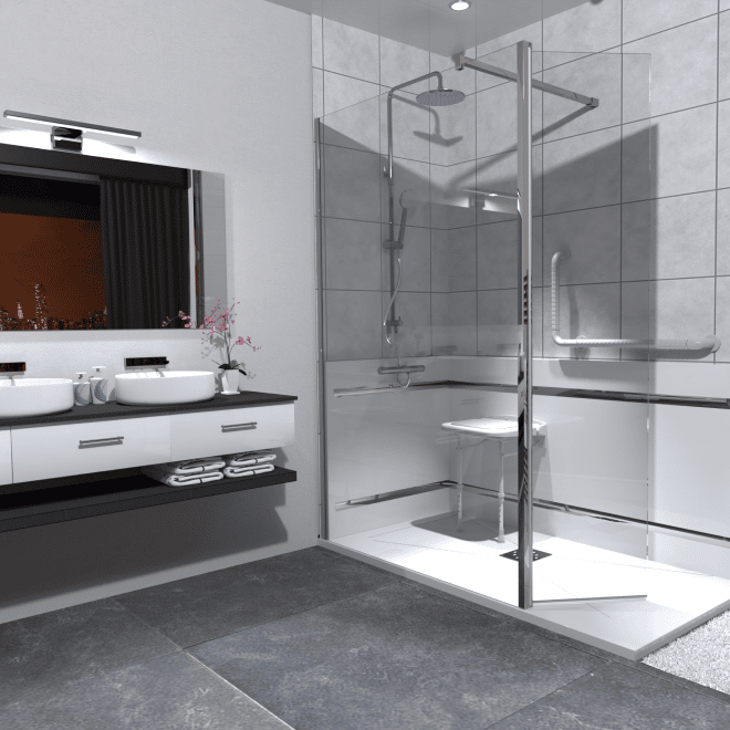 Salle de bains moderne et accessible avec meuble-lavabo noir, douche en verre et lavabo mural
