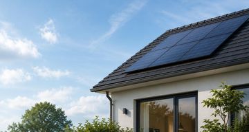 Casa moderna con techo de paneles solares bajo un cielo azul, con árboles y vegetación cerca.