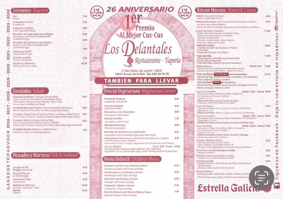 A menu for a restaurant called los delantales