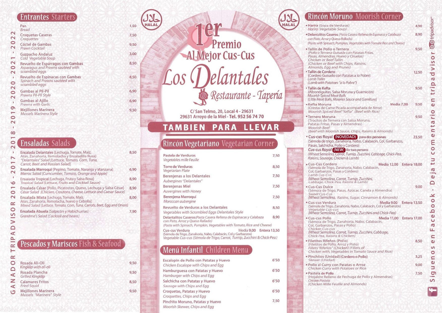 A menu for a restaurant called los delantales