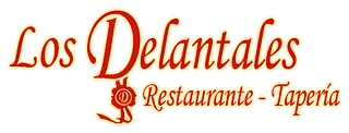 A red and white logo for los delantales restaurant