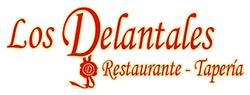 A red and white logo for los delantales restaurant