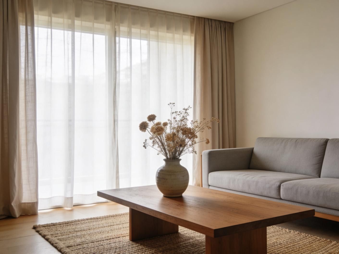 Luminoso salón con sofá, mesa de centro de madera, jarrón con flores secas y cortinas transparentes.