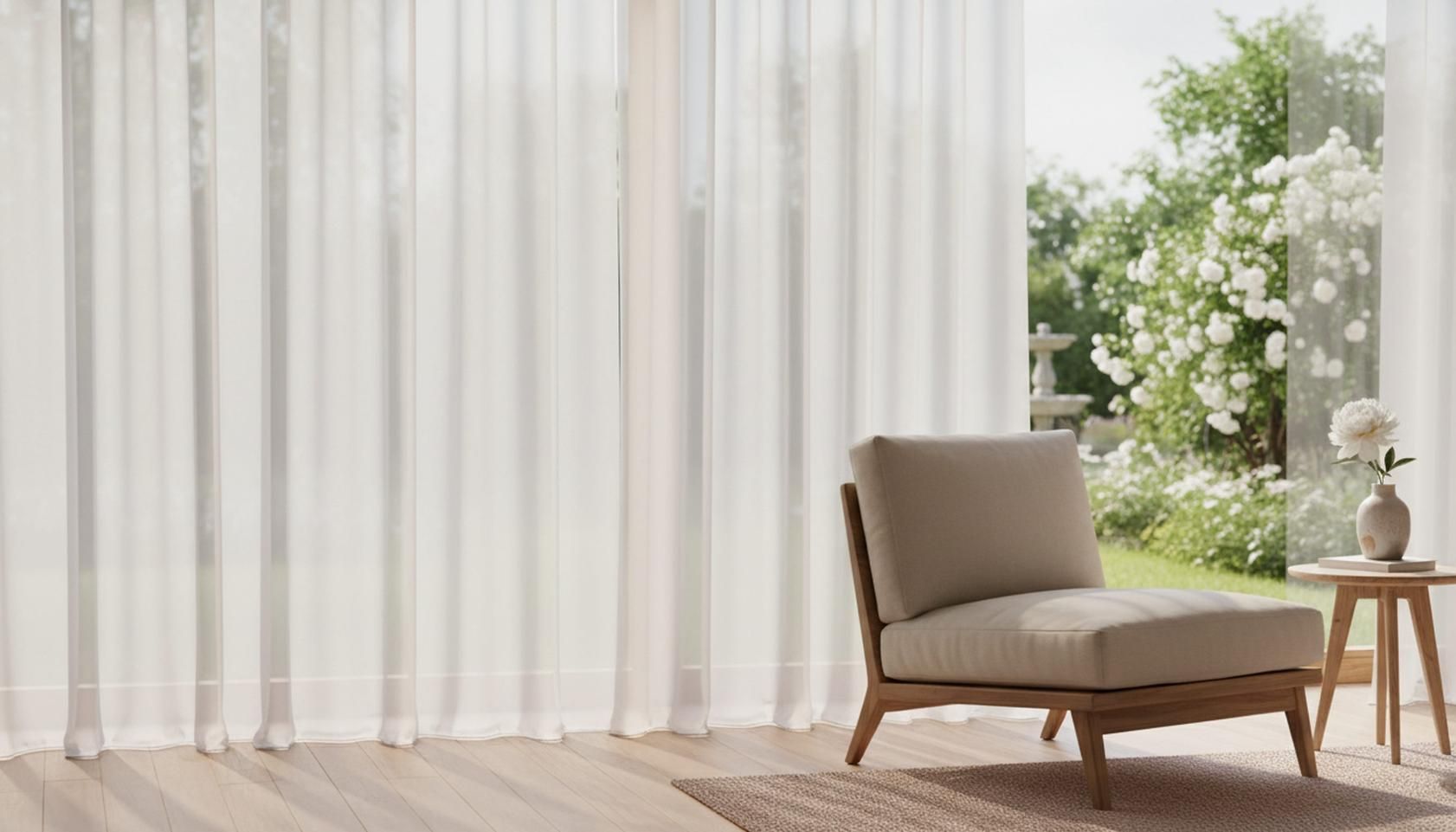 Sala de estar luminosa con cortinas transparentes, un sillón beige y una pequeña mesa auxiliar junto a la ventana.