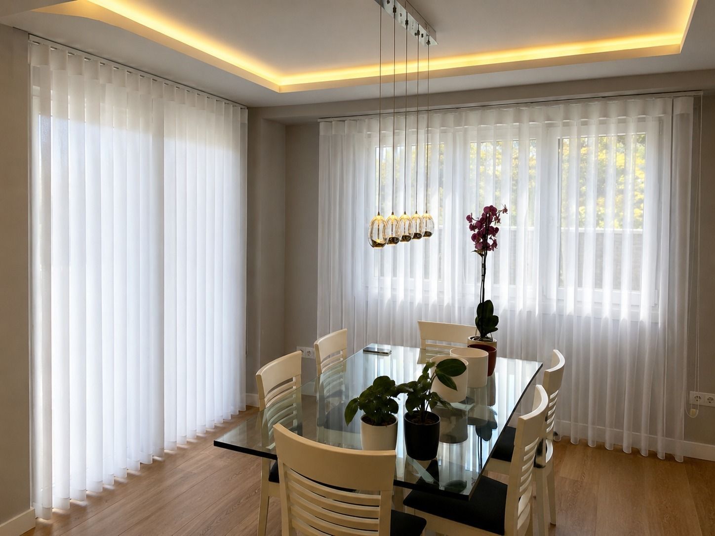 Sala de estar con persianas a rayas, plantas en macetas y un sofá junto a la ventana.