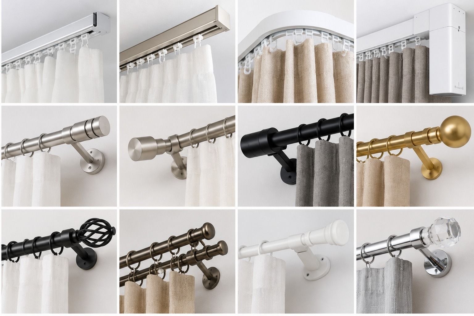 Cortinas blancas junto a una gran ventana con marco negro que muestra una escena exterior nevada.