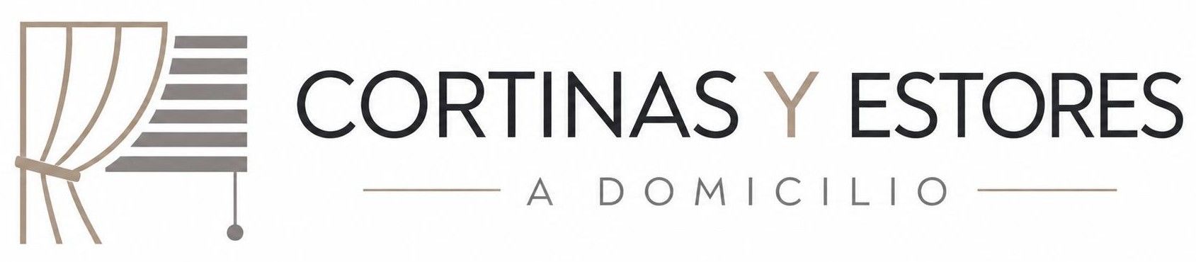 Logotipo de &ldquo;Cortinas y Estores a Domicilio&rdquo; con un icono estilizado de ventana y cortina en gris y beige.