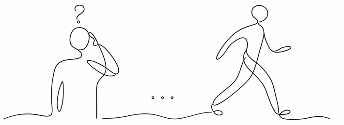 Sketch of a confused person standing, with an arrow to the same person walking confidently ahead