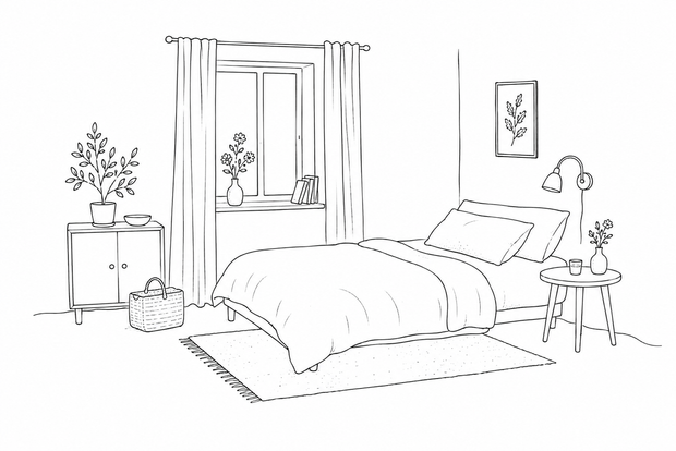 Black-and-white botanical line art of various wild herbs in a meadow scene