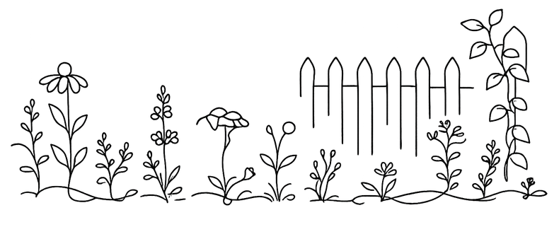 Simple line drawing of a garden with flowers, a picket fence, and a tall plant on the right
