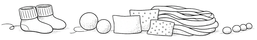 Black-and-white sketch of stacked stones, small shapes, and a striped basket or cushion on the right