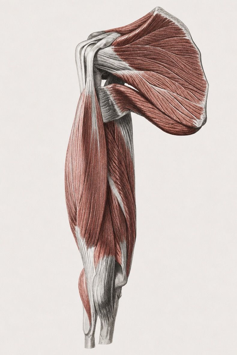 Anatomical illustration of shoulder and upper arm muscles in red and white on a plain background