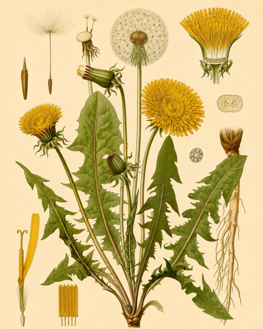 Botanical illustration of a dandelion plant with yellow flowers, leaves, roots, and seed heads on beige background