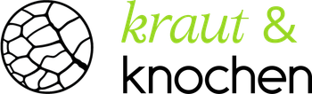 Logo with a cracked white circle and green-and-black text reading “kraut & knochen”
