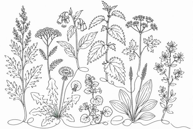 Black-and-white botanical line art of various wild herbs in a meadow scene