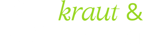 Hellgrüner, kursiver Text mit der Aufschrift „kraut &“ auf weißem Hintergrund