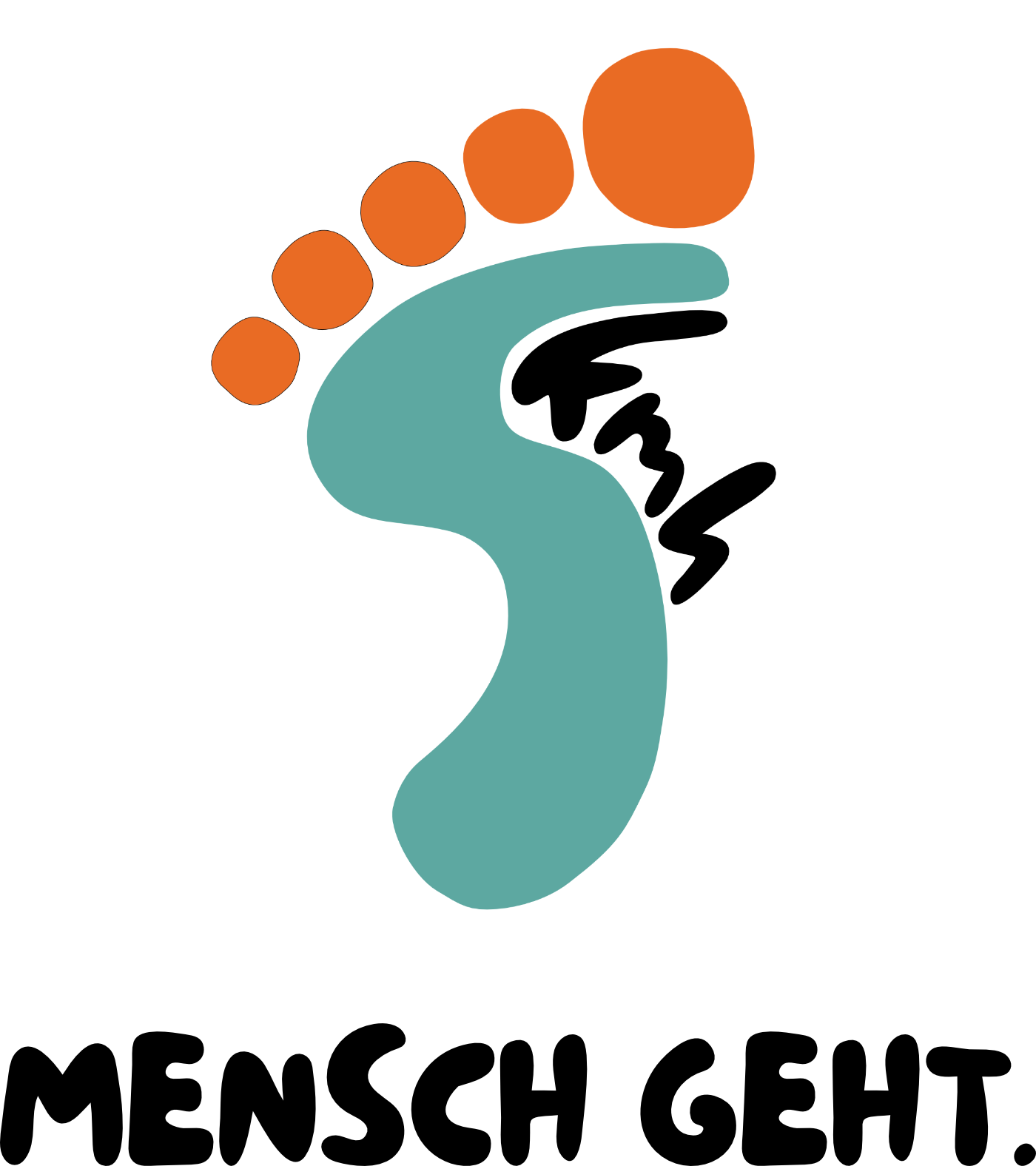 Logo mit türkisfarbenem Fußabdruck, orangefarbenen Zehen und dem Text „MENSCH GEHT“.