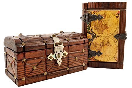 Un baúl de madera y una caja de madera con un mapa encima.