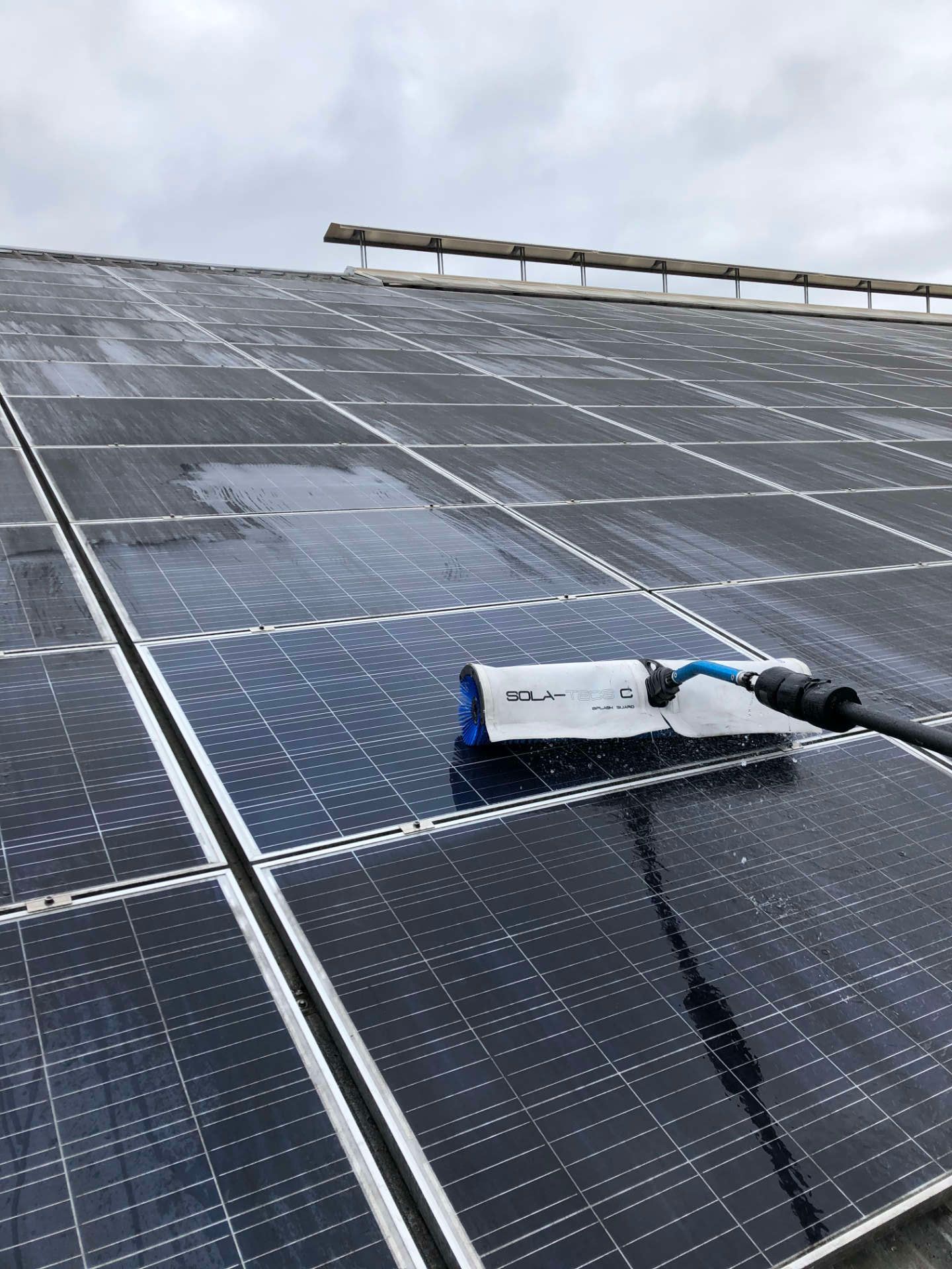 Mit einer Bürste werden Solarmodule auf einem Dach gereinigt.