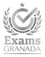 Un logotipo en blanco y negro para los exámenes de Granada con una marca de verificación y una corona de laurel.