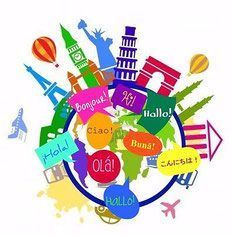 Un globo terráqueo rodeado de edificios y globos de diálogo en diferentes idiomas.