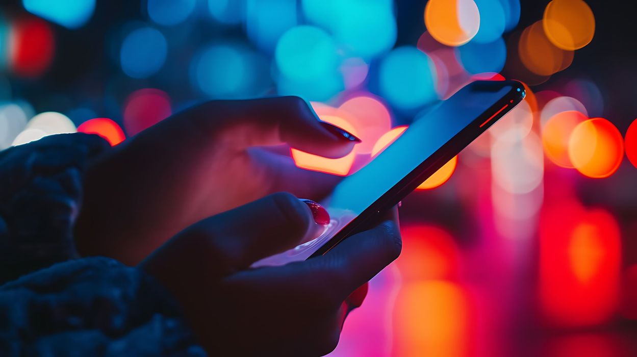 Primer plano de manos sosteniendo un teléfono inteligente, iluminado por luces bokeh de colores en un entorno urbano.