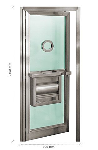 Una puerta de acero inoxidable con una ventana de vidrio y un buzón.