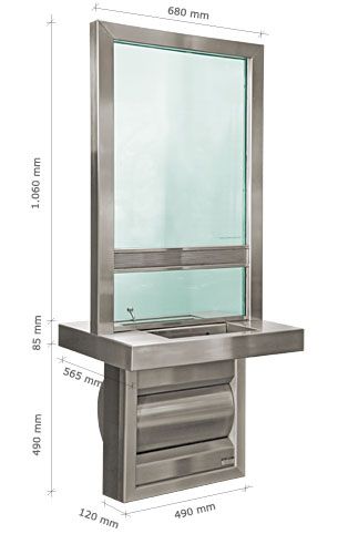 Una ventana de acero inoxidable con medidas sobre fondo blanco.