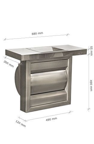 Un dispensador de papel higiénico de acero inoxidable con medidas sobre fondo blanco.