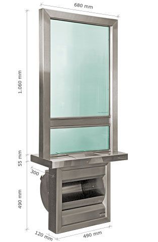 Una ventana de acero inoxidable con medidas sobre fondo blanco.