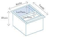 Un dibujo de una caja con medidas en español.