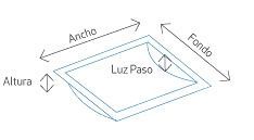 Un dibujo de una bandeja con medidas en español sobre fondo blanco.