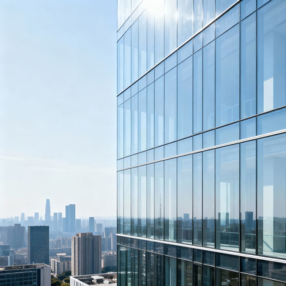 Façade de gratte-ciel en verre offrant une vue imprenable sur la ville par une journée ensoleillée.