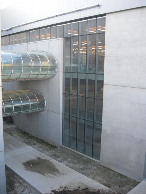 Des immeubles de bureaux modernes bordent une allée pavée sous un ciel bleu, agrémentée de quelques espaces verts.