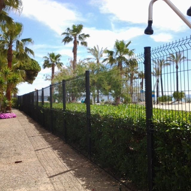 Una valla negra con palmeras al fondo.