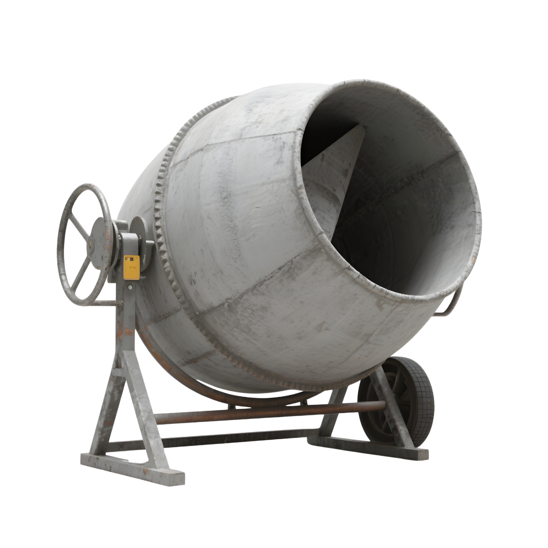 Bétonnière, un grand tambour gris, utilisé pour mélanger le béton.