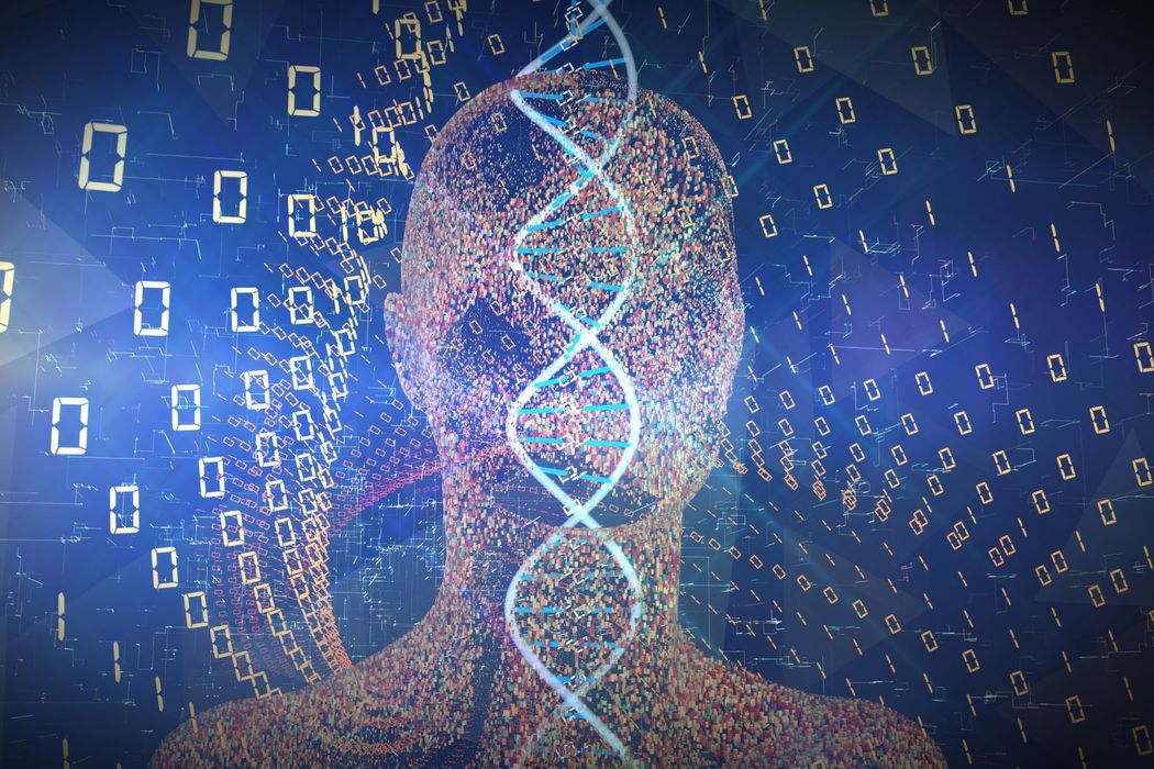 Una cabeza humana compuesta de partículas con una doble hélice de ADN en el centro. Fondo de código binario.