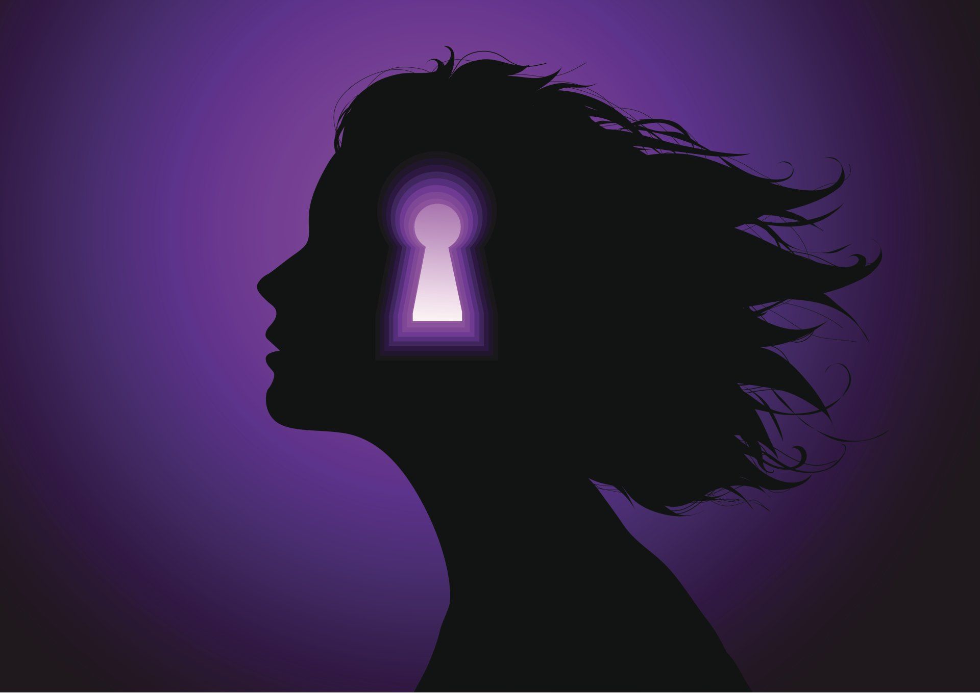 Ombre d'une tête de femme avec une serrure , sur un fond  dégradé violet 