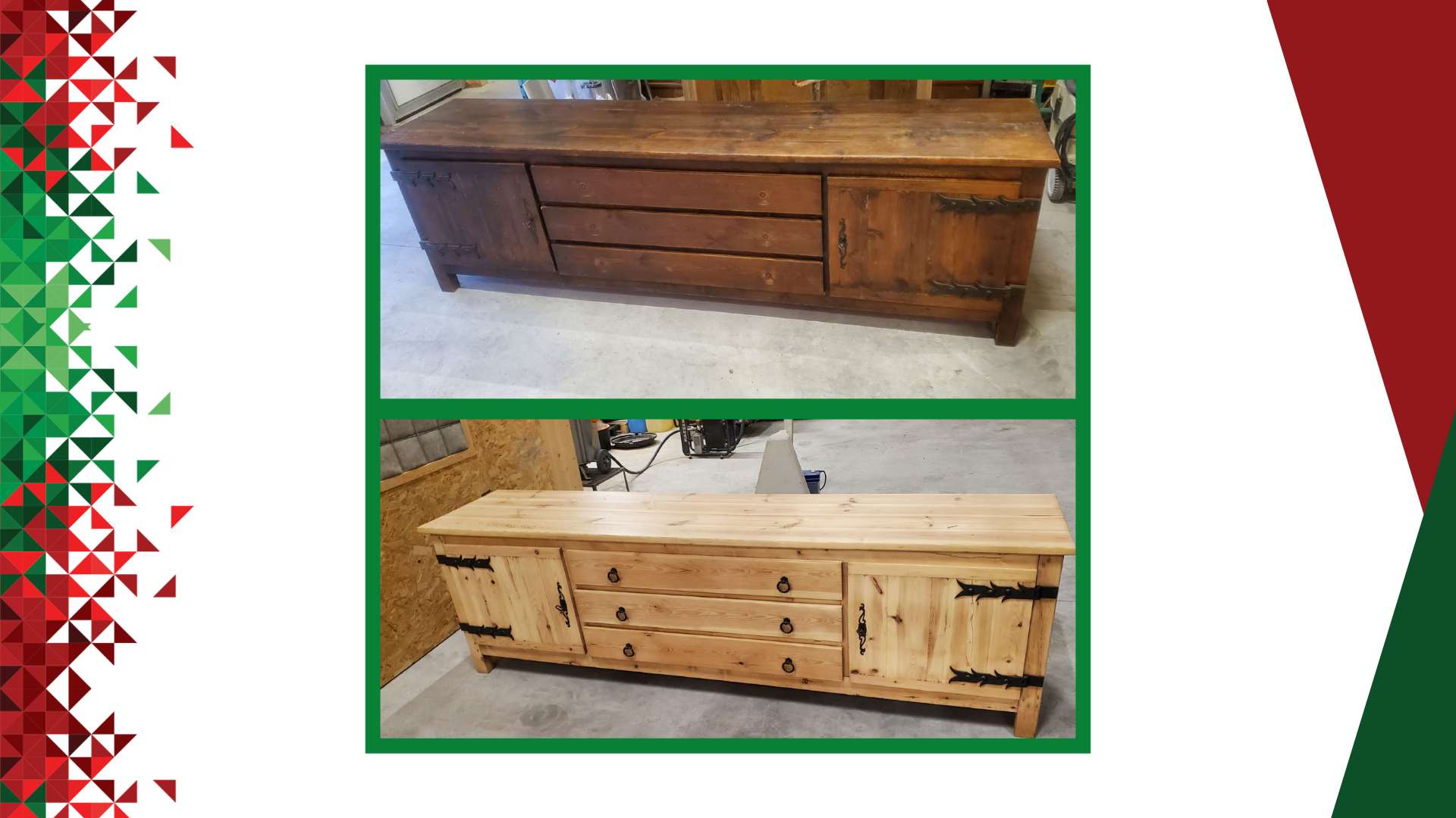 Deux photos d'une commode en bois : plateau en bois foncé et base en bois clair, présentées côte à côte.